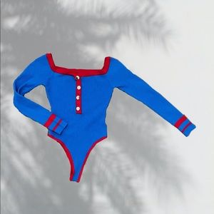 Off the shoulder red and blue body suit